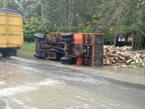 Mobil Truk Pengangkut Kayu Long, Ringsek Terguling